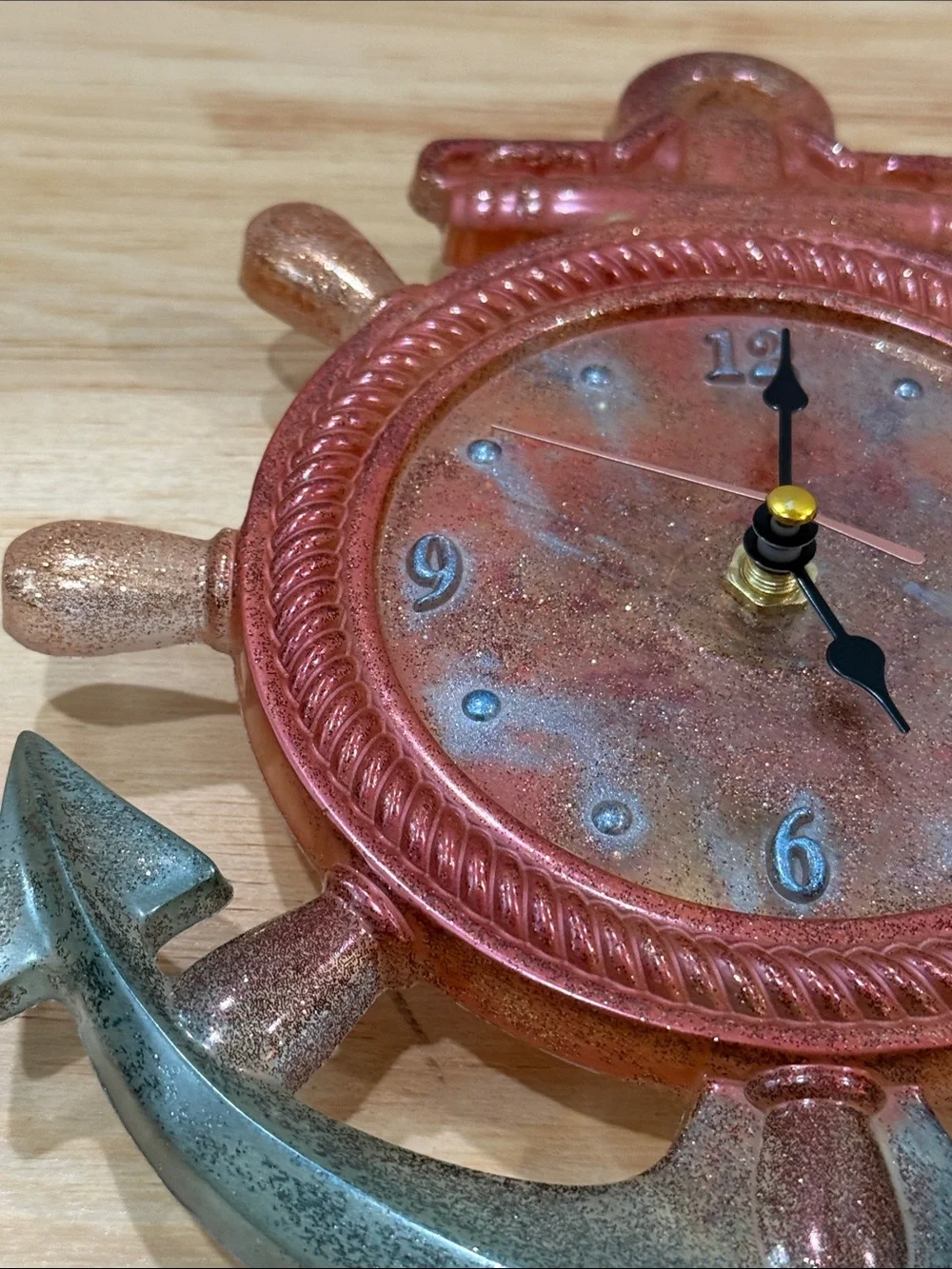 Coastal Ship Wheel Wall Clock in Copper and Teal